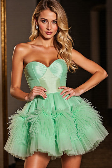 Green Strapless A Line Short Prom Dress with Feathers